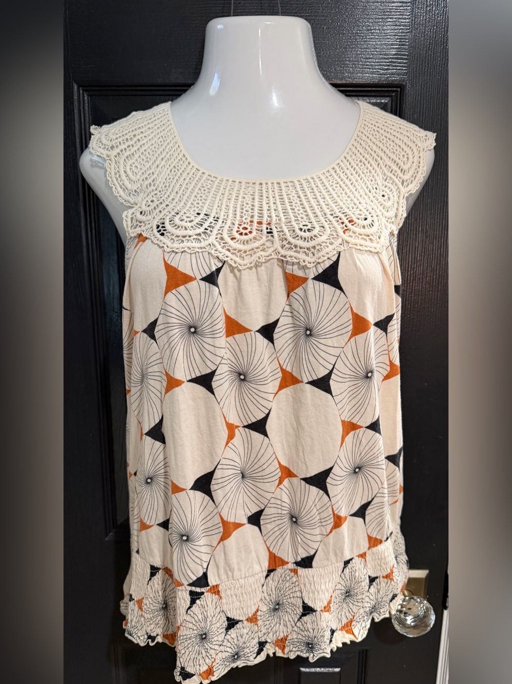 Anthropologie Ric Rac Cream Crochet-Yoke  with Geometric Print